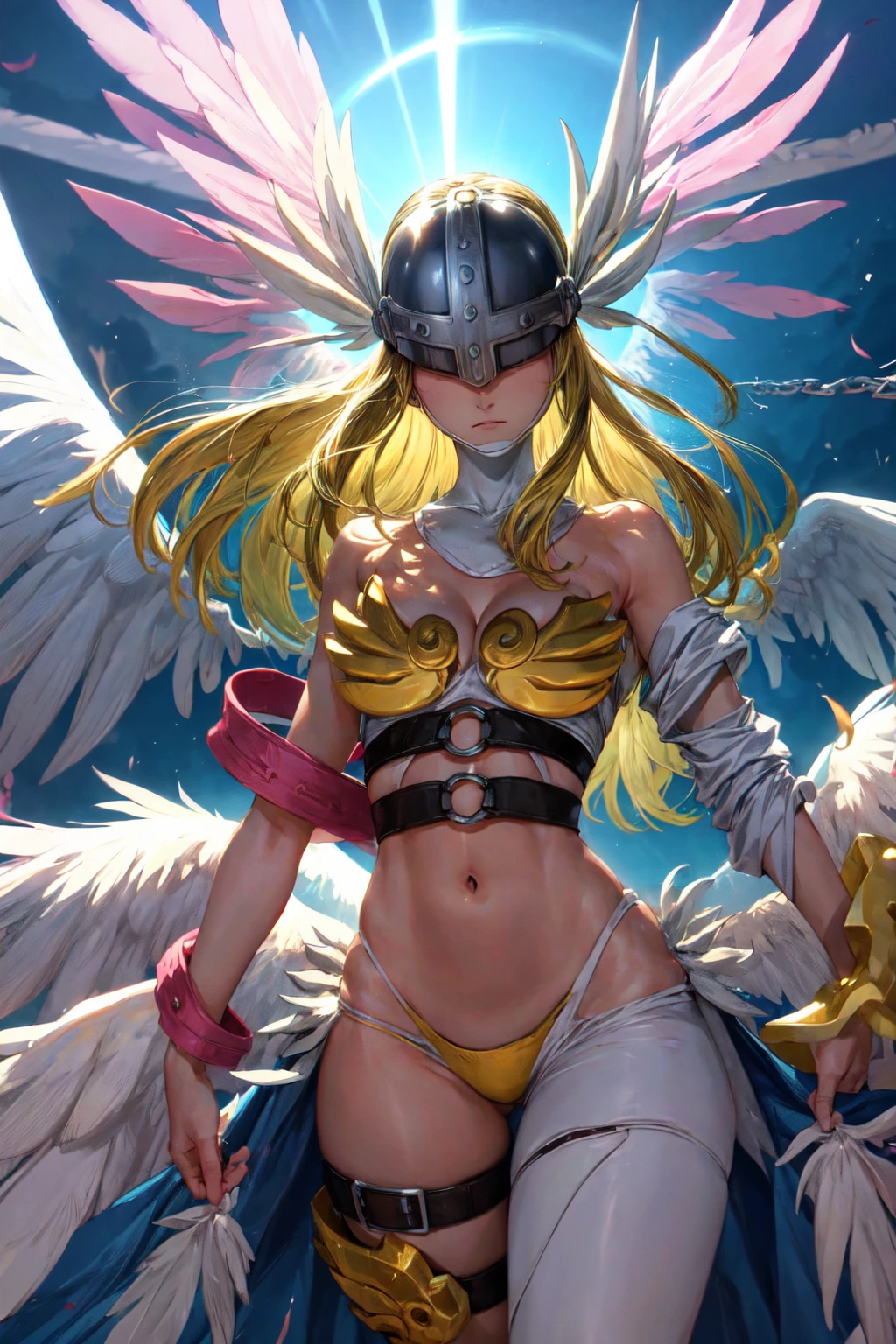 cuerpo completo, angewomon, long hair, breasts, blonde hair, large breasts, huge breasts, ribbon, navel, cleavage, bare shoulders, closed mouth, wings, o-ring, belt, thigh strap, helmet, head wings, feathered wings, facing viewer, angel wings, white wings, asymmetrical clothes, covered eyes, multiple wings, digimon (creature), winged helmet, anime screencap, (obra maestra:1.1), (La mejor calidad:1.1), (Colores vivos:1.1)