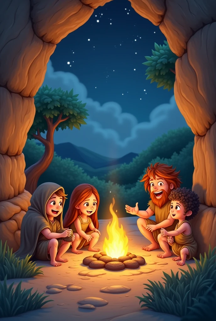 create an illustration of a prehistoric scenario, where people lived in caves, wore clothes made from animal skins and hunted to get food, this image must be cute pixar style for a children's story book, it must have a bonfire