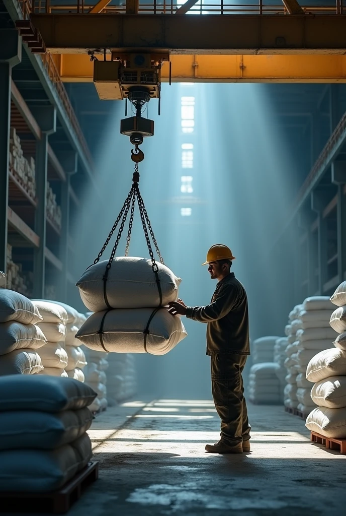 employee operating the overhead crane with remote control with 1 ton bags of quicklime
