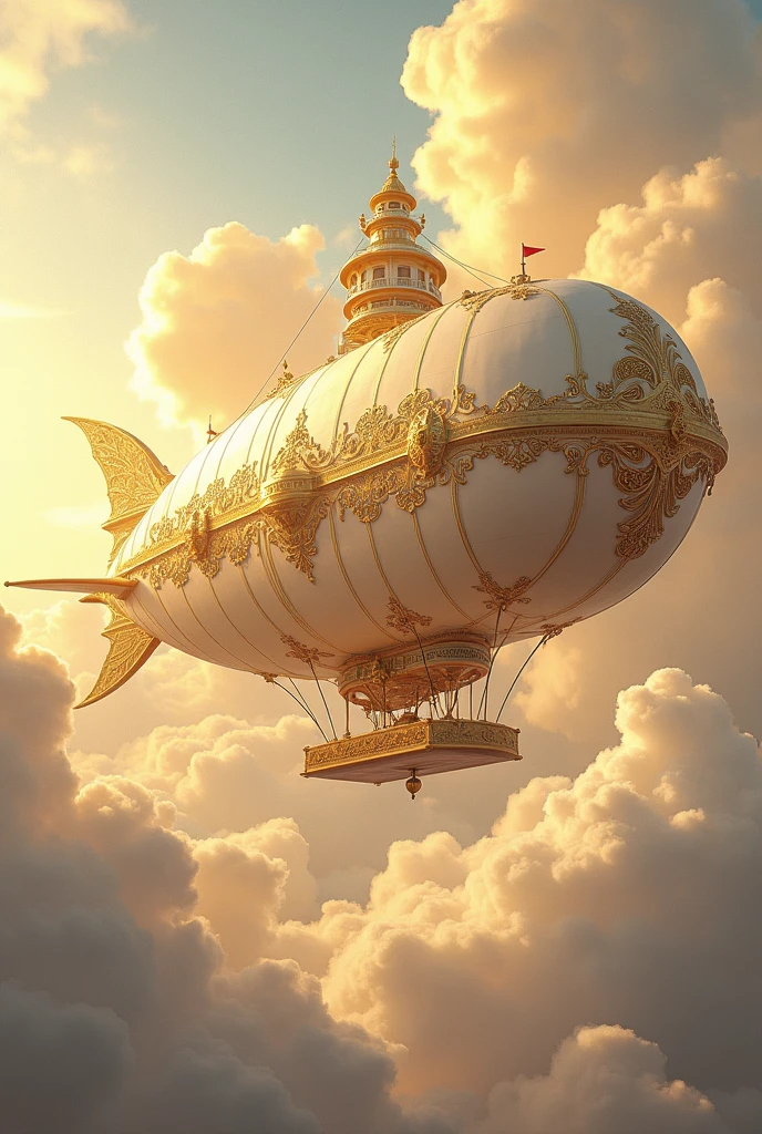 beautifully rendered ivory and gold airship gracefully floating amidst the clouds.. the airship has an ivory body with intricate details accented in gold..。. The craftsmanship is of the highest quality, exquisite carvings and intricate patterns. the clouds surrounding the airship are dreamlike, A fantastic atmosphere.. The sunlight filters through the clouds, casting a golden glow in the air. the scene is captured in digital illustration., combining the artistic touch of photorealism and concept art. The colors are vibrant and vivid, Warm tones with gold and ivory hues. The lighting is soft、and、It's dramatic., highlighting the airship's elegance and grandeur. the overall image quality is excellent, Ultra-detailed elements and high-resolution rendering. Down to the last detail, personal々from the clouds to the smallest golden embellishments, perfectly expressed. This prompt is、It is said that ivory and gold airships float among the clouds.、Visually beautiful、Evoking a sense of awe、Meticulously designed。.