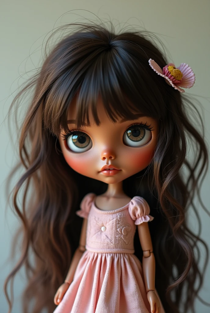 Blythe doll with brown skin, big black eyes, long dark brown messy hair, a pink hair clip.