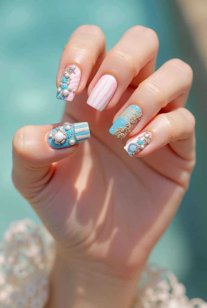 Make me simple nails that have 3D accents, mix-and-match patterns and also inspired by summer aand ocean with seashels and stuff