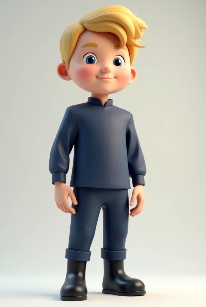 Create an animated mascot with 3D animated hands , I want a male character with short blonde hair, wearing a dark blue uniform without any logos or details, and black boots. Full HD image please. ,