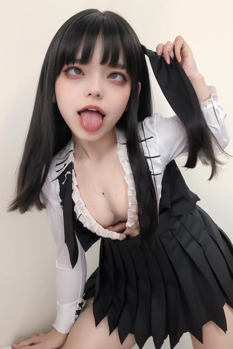 (small face:1.8)、(Lean forward and look down),(((child:1.8)))、(((((drool from the tip of the tongue:1.8))))),(((((Sticking out tongue:1.5))))),(((Face close-up:1.5)))、Ultra-high resolution、(((Blunt bangs, Princess Van))), (((Very heavy,Voluminous bangs:1.1))),(((very length, Very heavy,Very voluminous side locks:1.1))),, Princess Cut, Straight bangs hairstyle, Round face with Blunt bangs, length, Glossless hair、The bangs are cut straight,(masterpiece, Highest quality:1.5), (Ultra-fine 8K CG:1.4), (hyperRealistic:1.25), (PhotoRealistic:1.25), (Realistic:1.4), Cowboy Shot,(Grin1.3), Beautiful Japan, , Supermodel, Japanese Idols, (Grin), (Flat Chest:1.5), Sweat、Black Hair:1.2、((Real person:1.5))、Perfect balance、(From below:1.8)、(Cute pink frilled camisole 1.5)、(black pleated mini skirt:1.5)