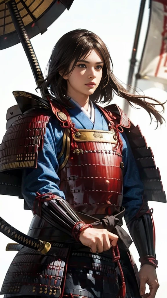 Beautiful woman with dark hair:1.3, Amazing character art, ((samurai armor:1.3 )),((Pure white background)), (8k, RAW photo, best quality), Handsome Face 2. 5D CGI Fantasy Artwork, Detailed digital art, Very nice work of art, Fan Art Best Art Station,(A female general gives orders to her soldiers:1.3),Muscular,(samurai:1.2),dynamic,(Nervous),samurai:1.2,Japan