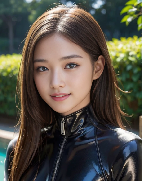 (1 girl)、highest quality、masterpiece、超A high resolution、(Photoreal:1.4)、Raw photo、1 girl、Wet Hair、hot、Sweat、(Wear skin-tight leather racing suits)、female rider、Long sleeve,、Leather Racing Gloves、Portraiture、Shadow、Octane Rendering、8k、Ultra Sharp、Metal、Intricate decorative detailore about Japan、Very intricate detail、Realistic Light、(smile)、Shining Eyes、To the camera、Small LED、close