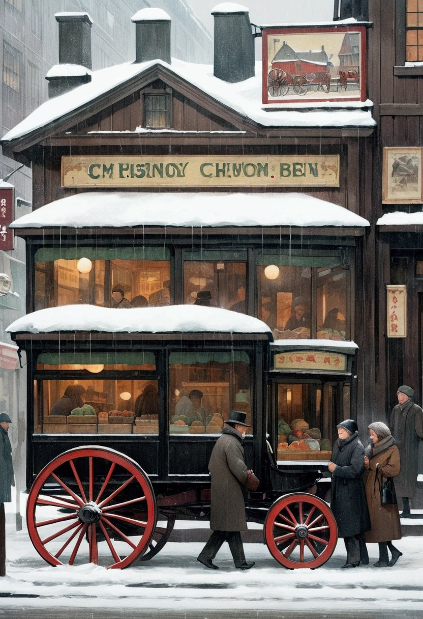 Rough hand-carved woodcut, heavily snowing day, buildings, carriages, store signs, passersby, good old-fashioned images, color, highest image quality.