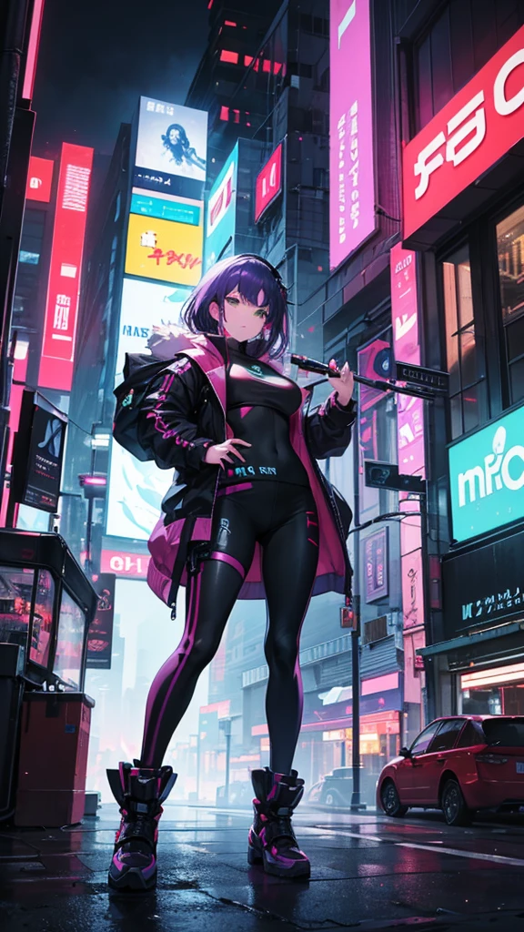 an anime, of a sensual girl with purple hair, green eyes, dressed as a cyberpunk mercenary, urban style, in an action pose, in the background a futuristic city dazzles with its neon lights.
