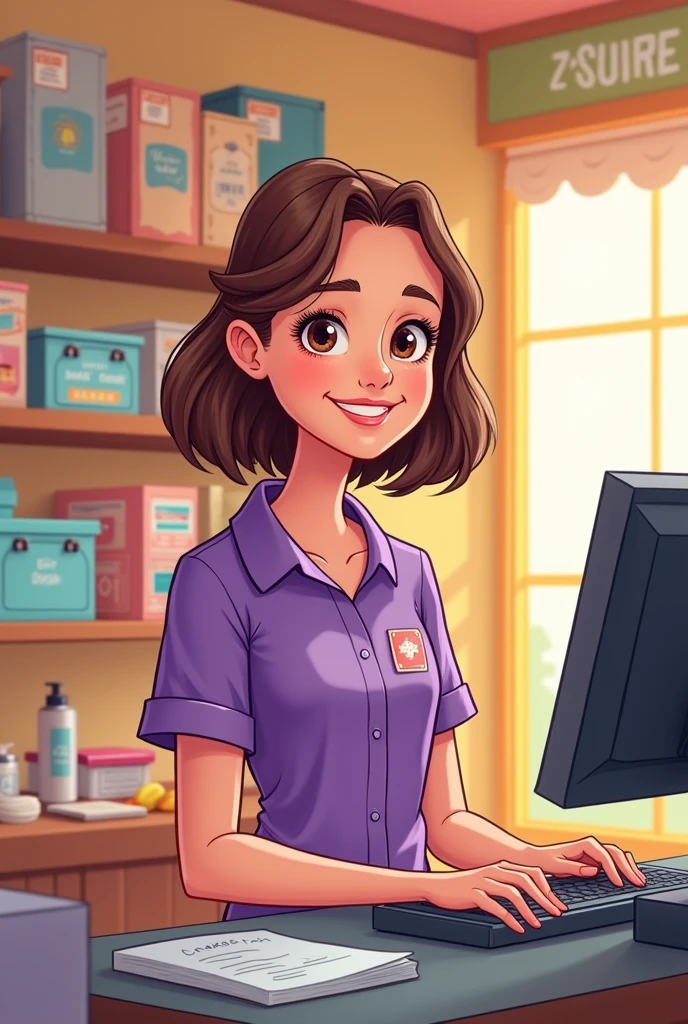 2D style girl , brown hair and purple shirt, cashier