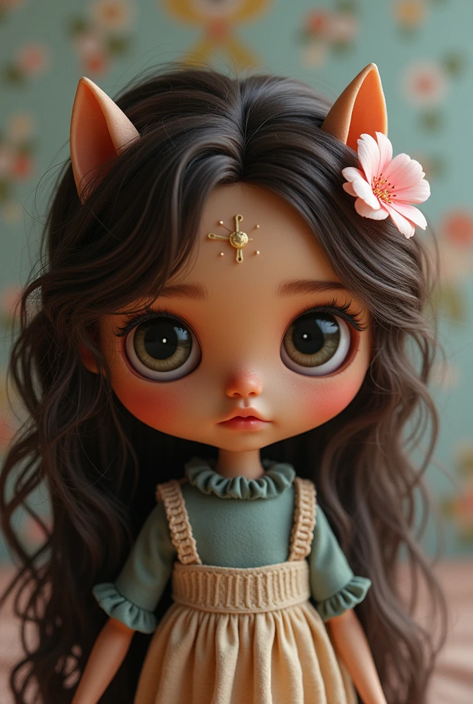 Blythe doll with brown skin, big black eyes, long dark brown messy hair, a pink hair clip.