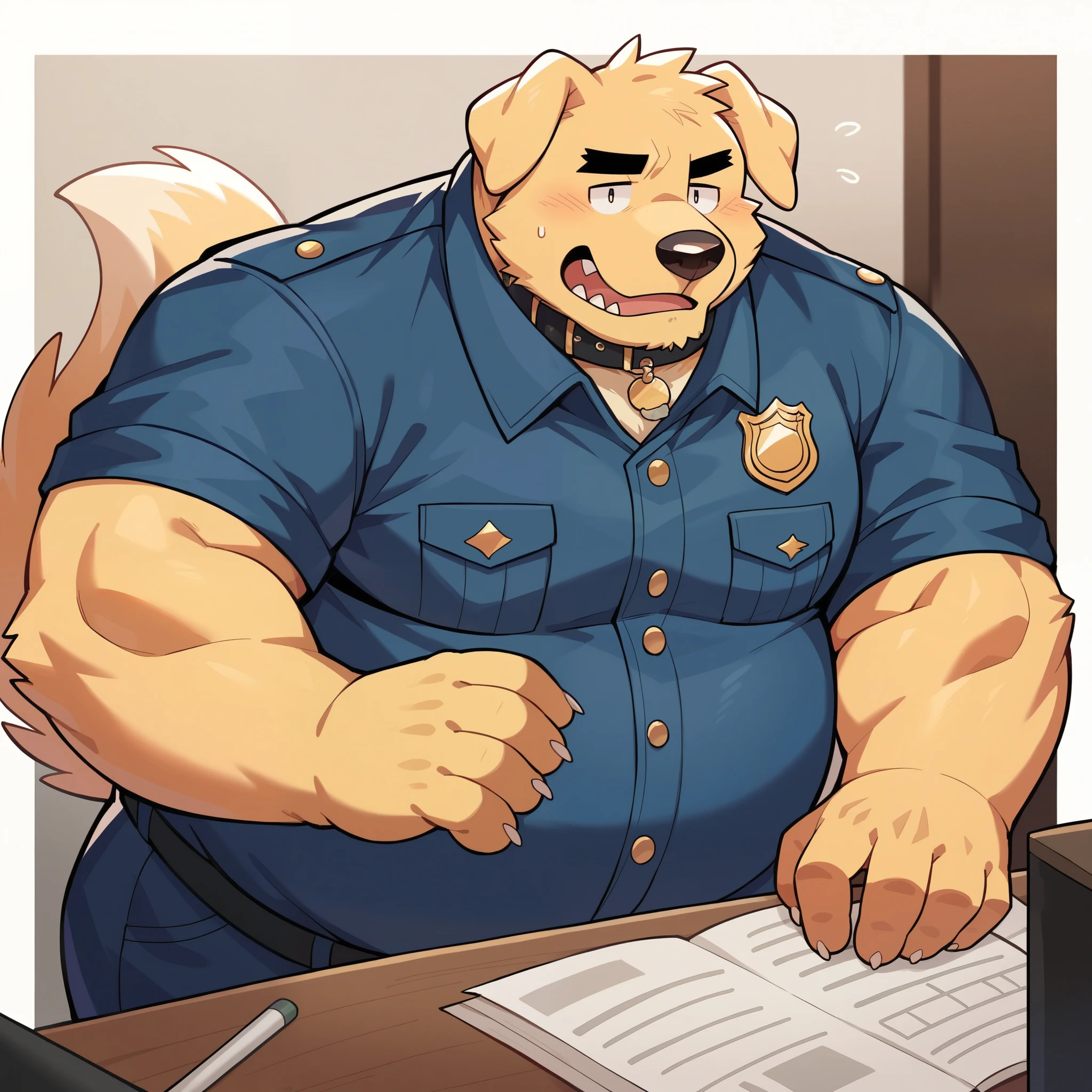 Scribble Golden Retriever face,Humanity(Golden Retriever),Chubby,(Black eyebrows:1.1),(Perfect eyes),Golden fur,(artist:Takemoto Arashi),Living room background,(Collar:1.3),paw,(black beard:1.3),(Police Uniform:1.3)。