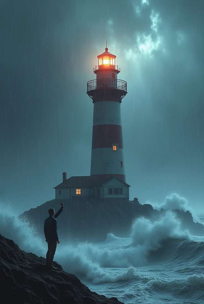 Lighthouse roter sand i a storm with high waves on the balcony there is a lonely man waving
