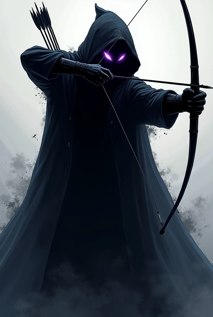 Make an image of an archer shrouded in shadows, keep the face hidden but the glow of the eyes should be a purple color. As for the art style, it should be Manwha style. Place the image as an icon