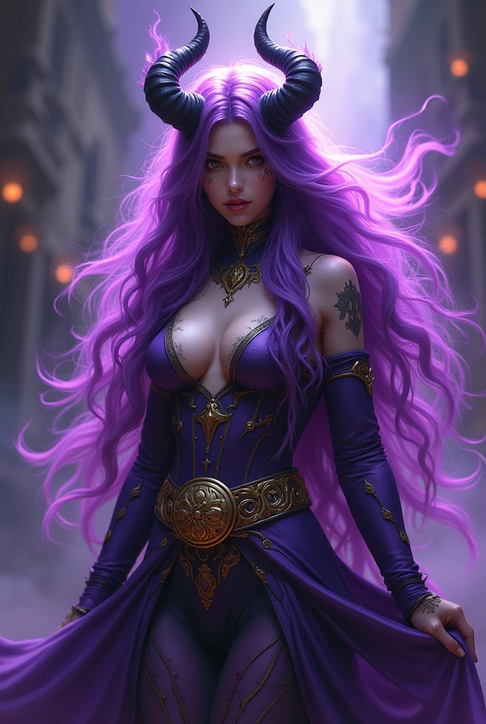 A demon woman with purple fire, long purple hair, it will wear purple clothes with fire and a shiny golden belt, it will have two horns 