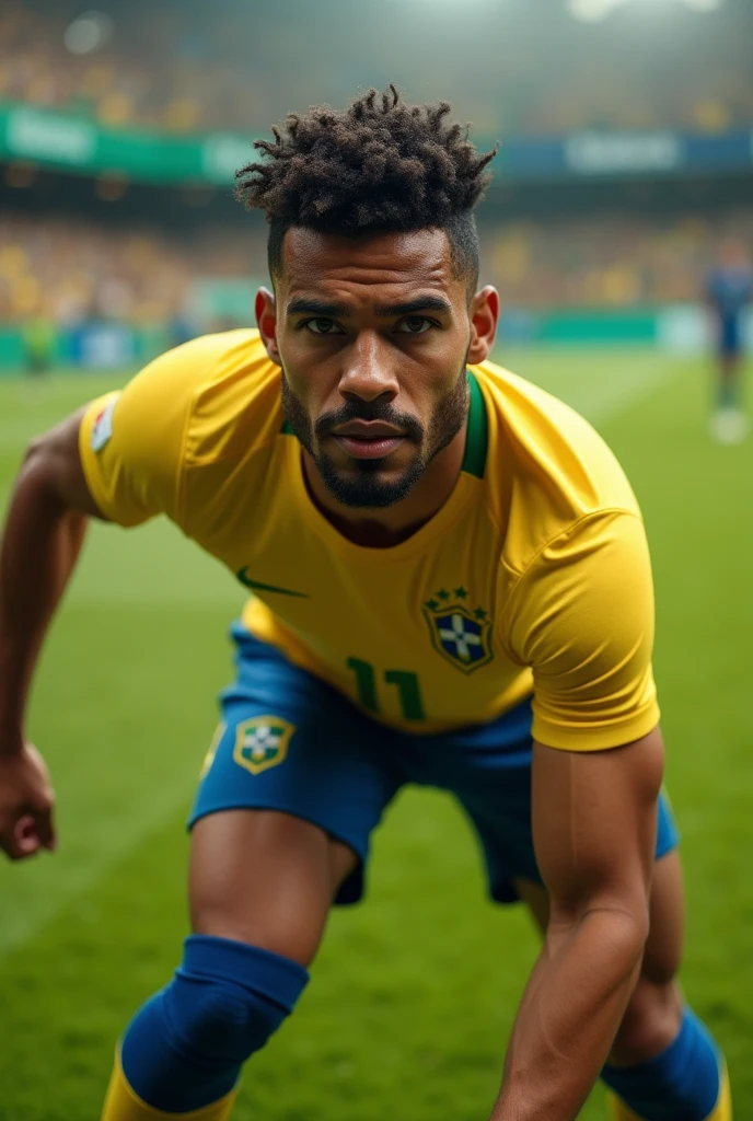 Brazilian football player, shorth hair, goatee, curly hair