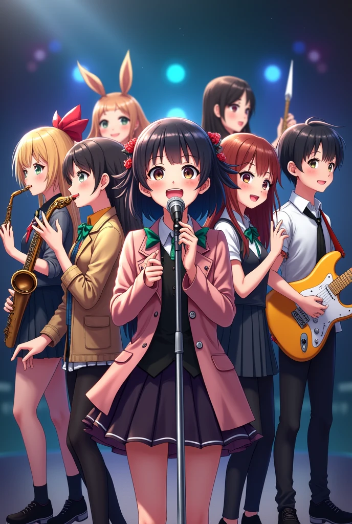 Group of singers, three girls and three boys with musical instruments