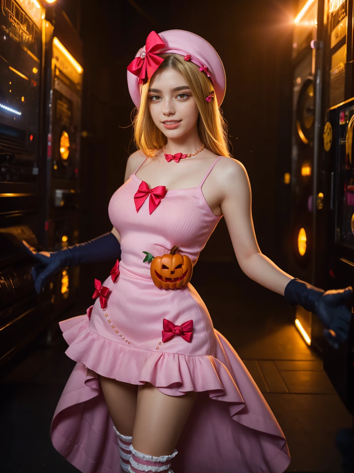 (1 lady), The beautiful, (Best quality at best:1.4), (ultra - detailed), (extremely detailed CG unified 16k), gold blonde hair, very detailed, High-definition RAW color photo, professional photoshooting, amazing face and eyes, cosmetics, (amazingly beautiful girl), ((lambdadelta, taller, tall woman, NOT Dasha Taran)), ((dress, shoes bow, red shoes, striped stockings, red bow, pink hat, necklace, gloves, pearl, pumpkin brooch, pink dress)), levitating in a cute posture (floating in the air), (She's levitating in a cosmic sea, outer space:1.3, quantum hyperspace room lacking walls, hyperspace chamber, extremely detailed background, a lot of details background, realistic background), (look from above), realistic cinematic face, head to feet long wide zoomed out view, full body long view, photorealistic, ((realistic natural blonde hair style, red eyes)), gorgeous, extremely beautiful face, perfect model beauty, amazingly beautiful smile, her smile is emotive and full of joy, her teeth are visible, Highly Detailed Face and Skin Texture, Detailed Eyes, Double Eyelids, Big Breasts, Persistent Stare, Faith Trance, (mystical stare, looking eternity), (masterpiece), best quality, high resolution, depth of field, cinematic lighting, amazing legs, pink combat boots, clear and well-cared skin