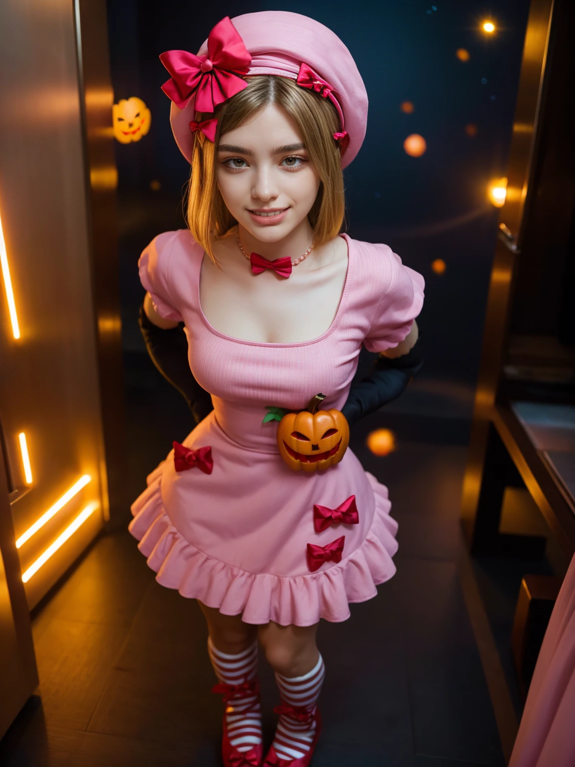 (1 lady), The beautiful, (Best quality at best:1.4), (ultra - detailed), (extremely detailed CG unified 16k), gold blonde hair, very detailed, High-definition RAW color photo, professional photoshooting, amazing face and eyes, cosmetics, (amazingly beautiful girl), ((lambdadelta, taller, tall woman, NOT Dasha Taran)), ((dress, shoes bow, red shoes, striped stockings, red bow, pink hat, necklace, gloves, pearl, pumpkin brooch, pink dress)), levitating in a cute posture (floating in the air), (She's levitating in a cosmic sea, outer space:1.3, quantum hyperspace room lacking walls, hyperspace chamber, extremely detailed background, a lot of details background, realistic background), (look from above), realistic cinematic face, head to feet long wide zoomed out view, full body long view, photorealistic, ((realistic natural blonde hair style, red eyes)), gorgeous, extremely beautiful face, perfect model beauty, amazingly beautiful smile, her smile is emotive and full of joy, her teeth are visible, Highly Detailed Face and Skin Texture, Detailed Eyes, Double Eyelids, Big Breasts, Persistent Stare, Faith Trance, (mystical stare, looking eternity), (masterpiece), best quality, high resolution, depth of field, cinematic lighting, amazing legs, pink combat boots, clear and well-cared skin