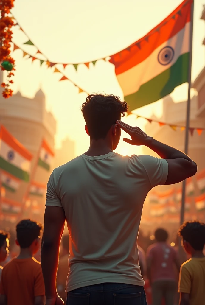 Create an image of a person named Aditya wearing a T-shirt, standing with their back facing the viewer, saluting the Indian flag on Independence Day. The background should be festive and appropriate for the occasion."
