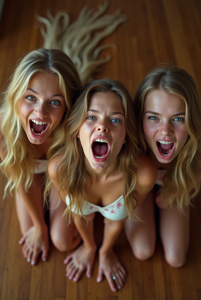Three beautiful young s, (mouth very wide open and smiling), long blonde hair, eyes open with a crazed look, wearing cotton lingerie, kneeling on hardwood floor, viewed from above