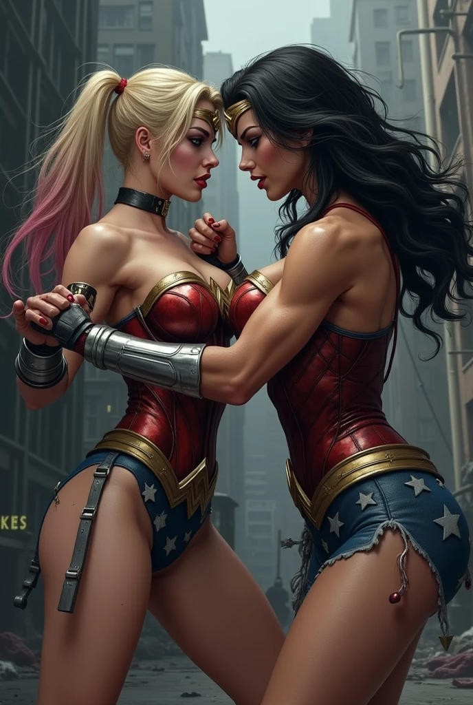 Harley Quinn hitting Wonder Woman's breasts 