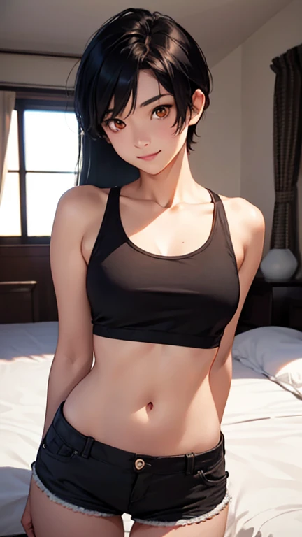 Highest quality、Realistic、woman、50th Generation、zoom、Orange eyes、short black hair、Tank top、Bikini Shorts、thin、Dark Skin、Inappropriate smile、Bedroom、Bust Shot、