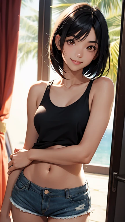 Highest quality、Realistic、woman、50th Generation、zoom、Orange eyes、short black hair、Tank top、Bikini Shorts、thin、Dark Skin、Inappropriate smile、Bedroom、Bust Shot、