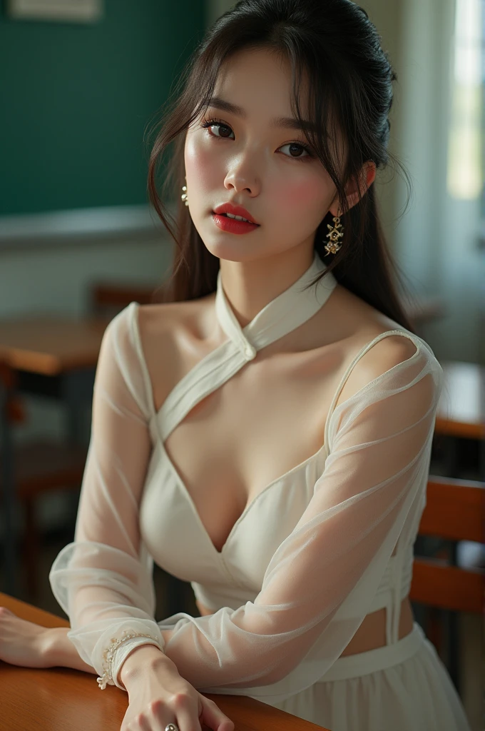 Detailed body, attractive body, perfect human body, realistic face,
(ultimate quality, masterpiece, highres:1.0), realistic:1.6, photorealistic,
[8k UHD photos, UHD high quality photos, Super detailed and super clear images],
Close-up of a Vietnamese girl two head with a detailed body, attractive body, perfect human body, realistic face,
(ultimate quality, masterpiece, highres:1.0), realistic:1.6, photorealistic,
[8k UHD photos, UHD high quality photos, Super detailed and super clear images],
Close-up of a Vietnamese girl with a beautiful face, tall and beautiful like a photo model,
, leggy, round face, big round eyes, Charming smile, Red lips, long curly eyelashes, big dimples, pointed chin, plump face, bright white skin, slim waist and long legs, wearing rings and earrings,
 Her face resembles Tuyet Linh, Tall and plump figure, wearing see-through ao dai, sitting in the classroom, view from side, sexy pose,
See-through ao dai, no pant, no bra,clearly see the body inside,
