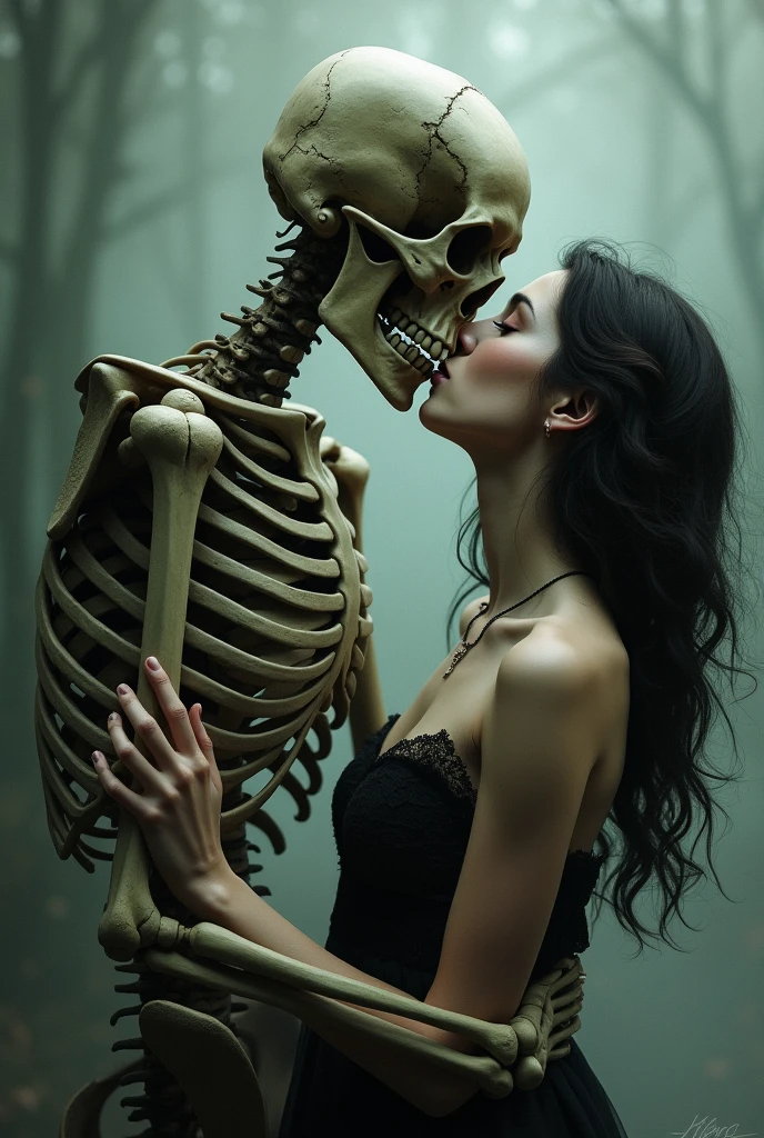 Skeleton kissing a beautiful woman