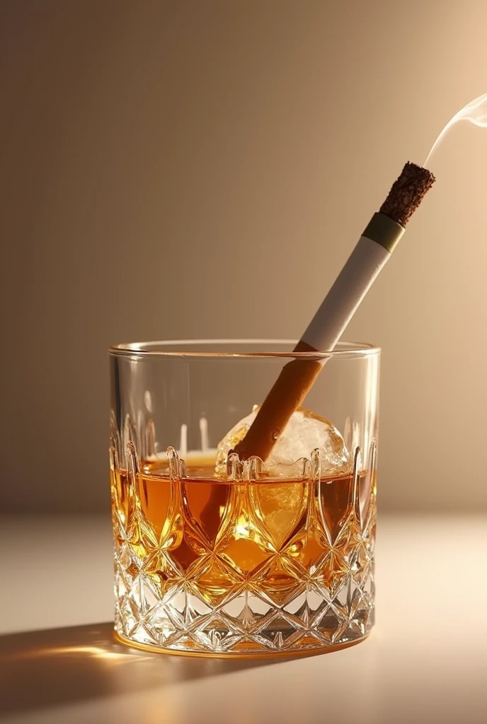 smaller short glass of wiskey with many cristal details and ice inside taking a realistic photo with beige background and in the air with a cigarrete outside of the glass
