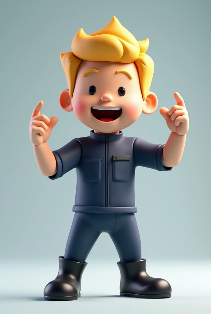 Create a super energetic mascot with super animated 3D hands , I want a male character with short blonde hair, wearing a dark blue uniform without any logos or details, and black boots. Full HD image please. ,