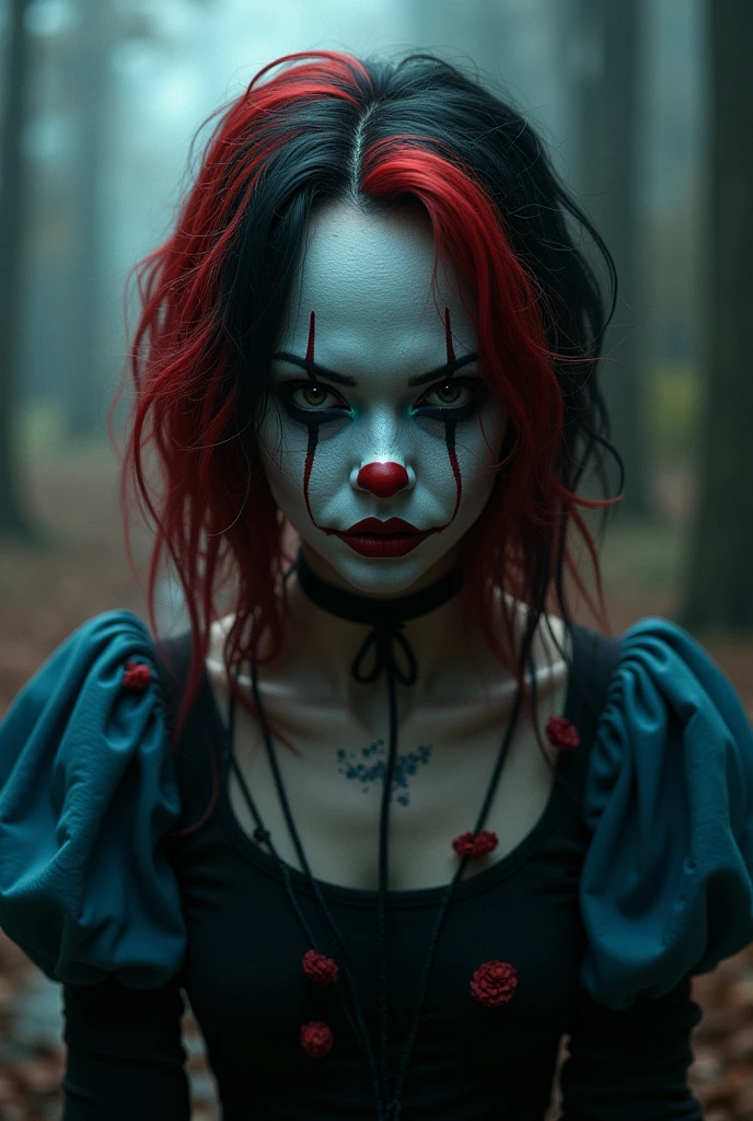 Pennywise girl version,red and black hair black and blue clothes,black eyes,similar to eyeles jack
