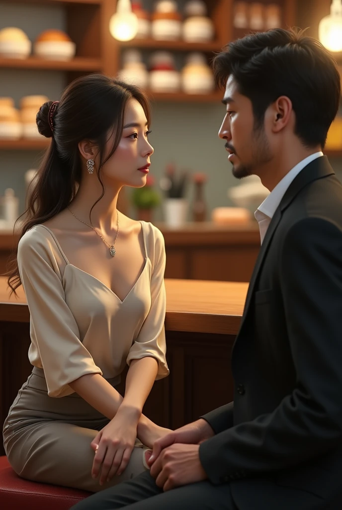 Korean woman sitting with tailored pants and a thin-strapped silk blouse, In a pastry shop, conversing with a strong man of 35 years old