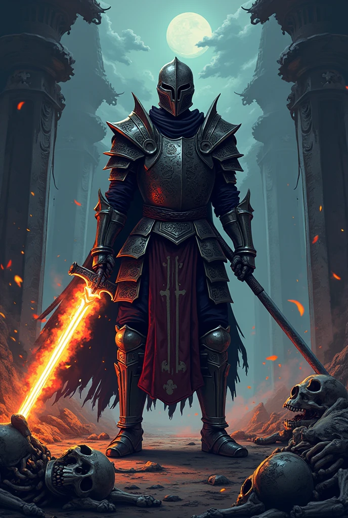 A dark souls character in pixel art  , with several skeletons defeated and he's wearing knight armor and using a katana that's on fire 