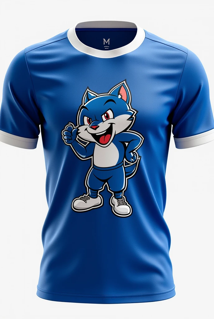 Blue and white team shirt, with a mascot 