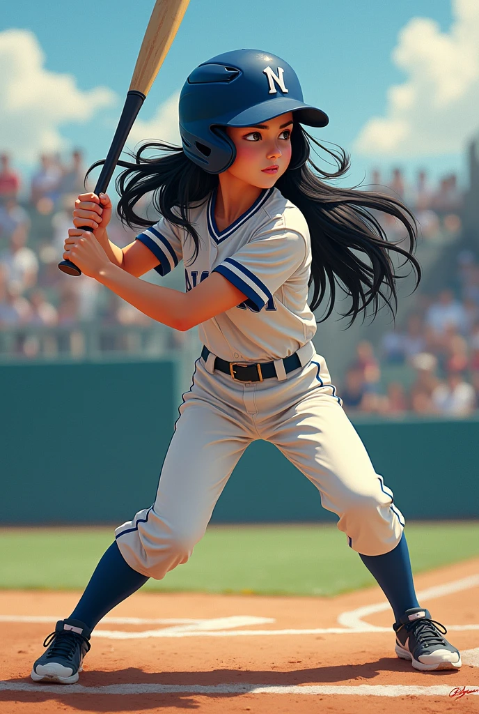 baseball　Women　Black Hair　Long Hair　　Pixiv style illustration