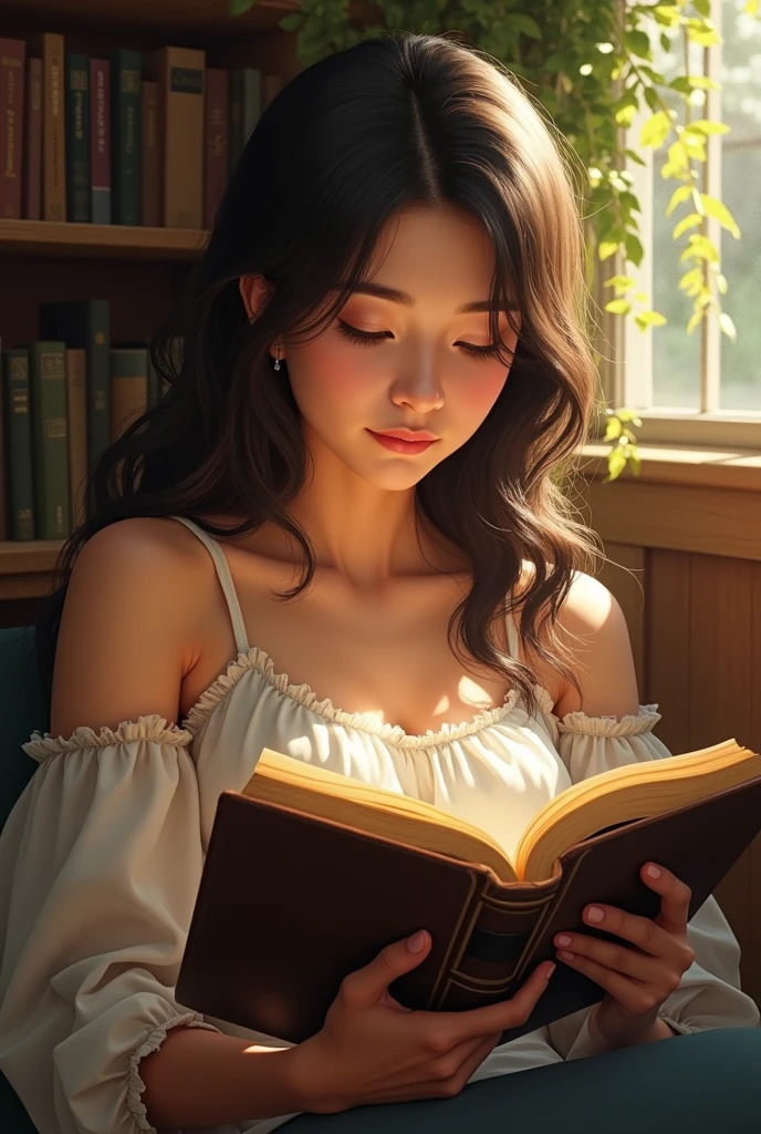 Now generate an image of a young woman reading a book