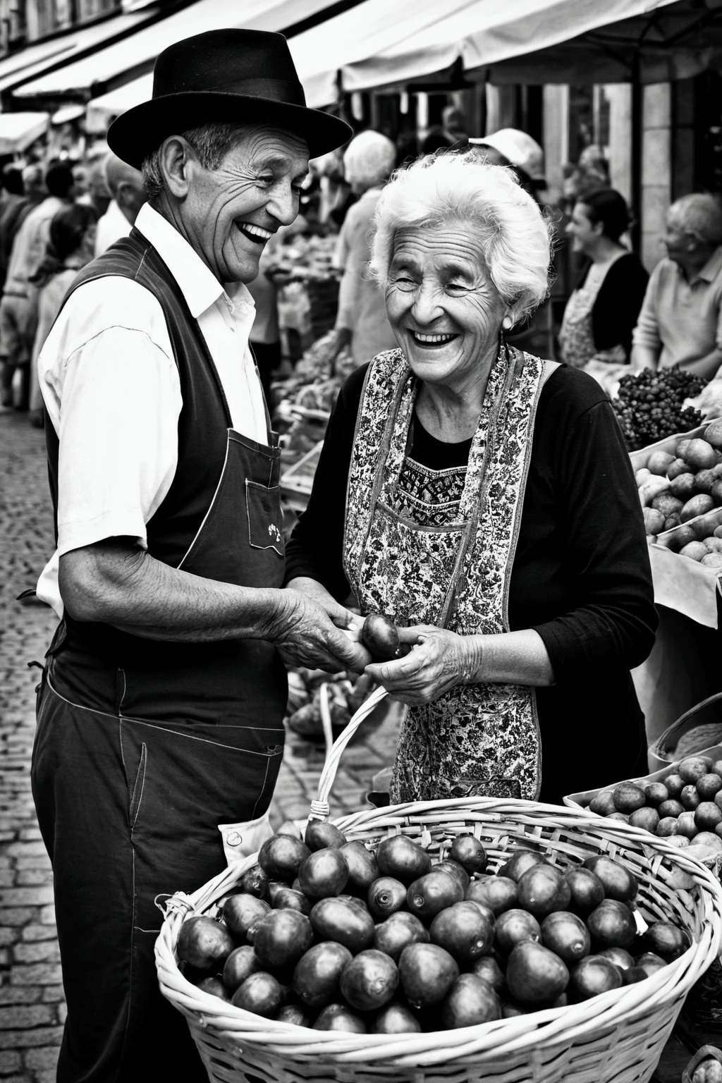 Create a black-and-white image of a vibrant European market in the heart of a historic city. The scene should be alive with the hustle and bustle of daily life, capturing a diverse array of vendors and shoppers engaging in lively exchanges. Focus on the rich textures and expressions that tell stories of the people’s everyday routines—an elderly woman haggling over fresh produce, a young couple sharing a laugh as they explore the market, and a vendor proudly presenting his handmade goods.