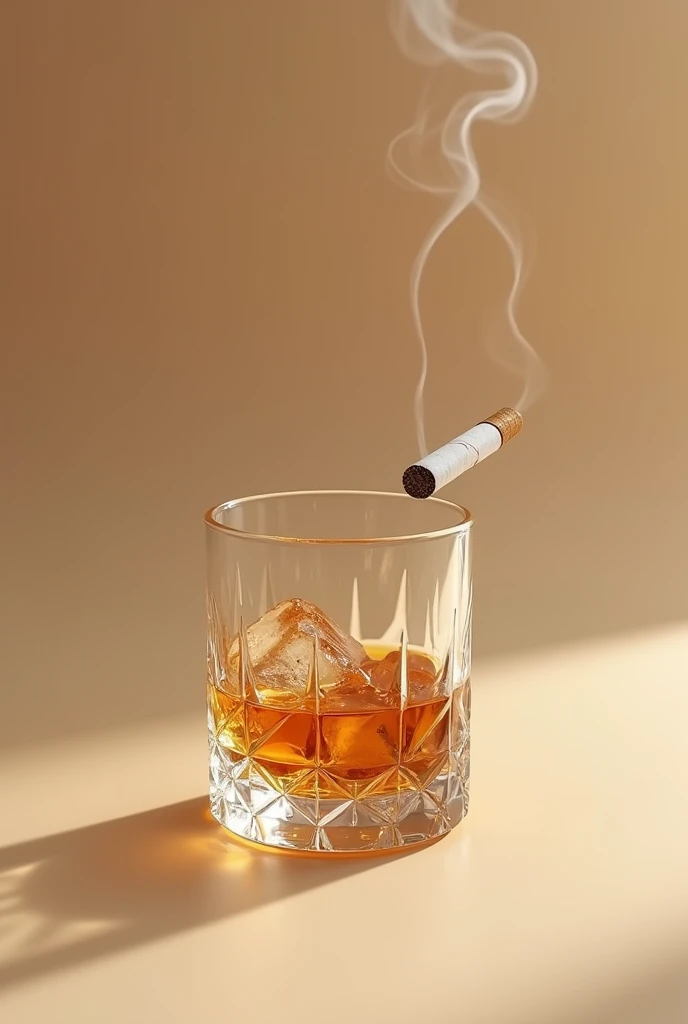 smaller short glass of wiskey with many cristal details and ice inside taking a realistic photo with beige background and in the air with a cigarrete outside of the glass
