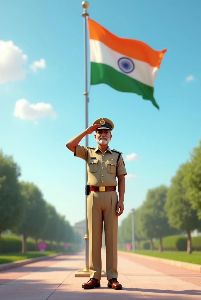 Generate an image a policeman suraj kumar name saluting indian flag