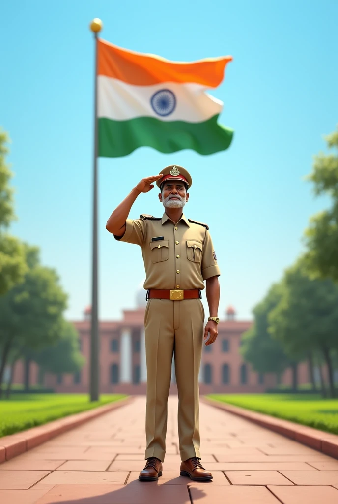 Generate an image a policeman suraj kumar name saluting indian flag