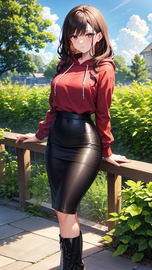 masterpiece, best quality, high detail, beautiful woman, wavy hair, dark red hair, white hoodie, black midi pencil skirt, long black pencil skirt, upper body, leather boots, looking at viewer, fall garden, leaves, clouds, sidewalk, backyard, 