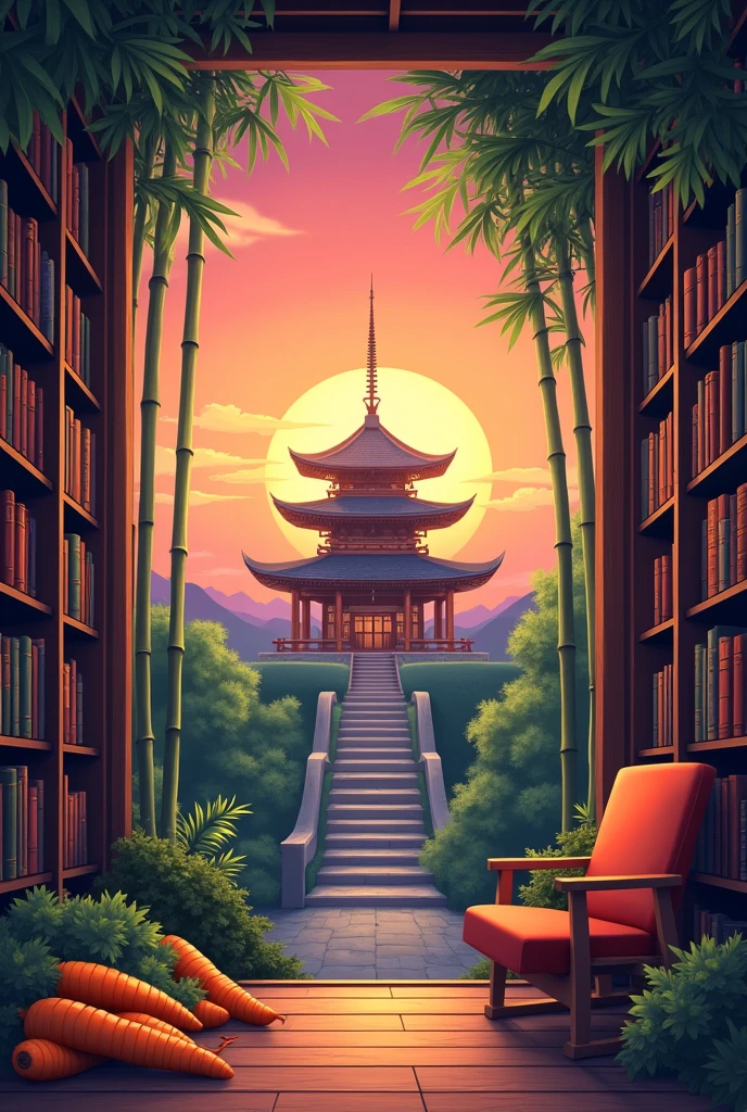 A sunset with a Japanese temple ,Carrots ,bamboo ,bookshelves with books and a place to sit and in lively