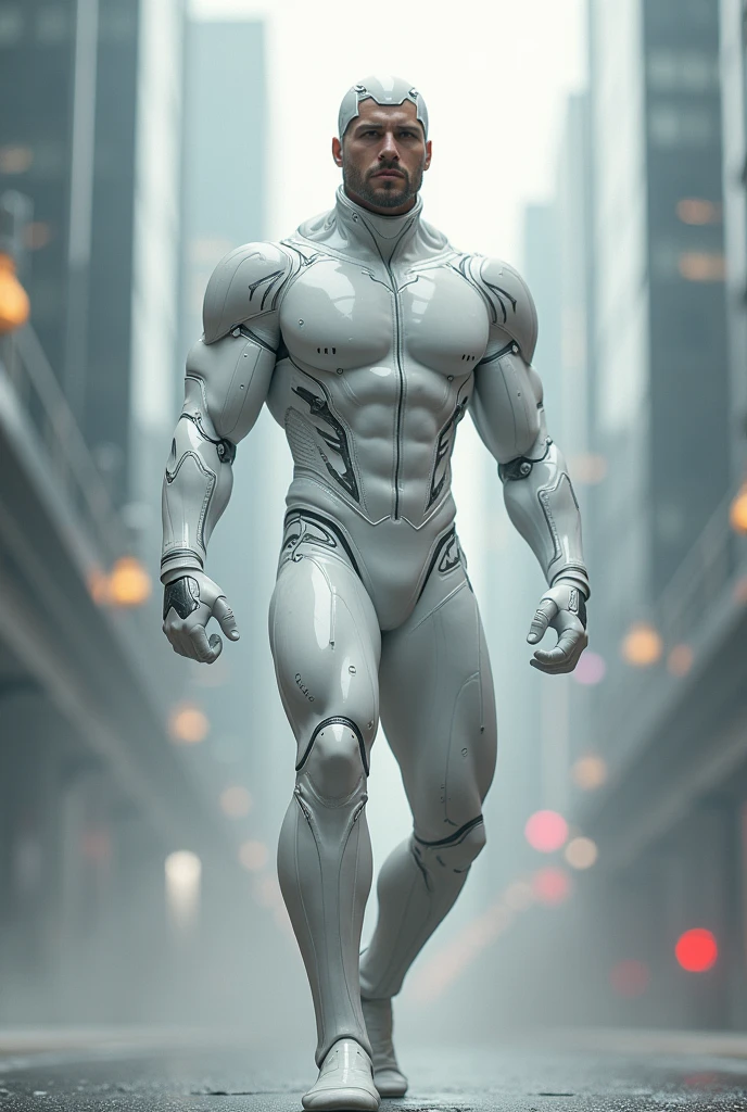 white superhero suit in action pose