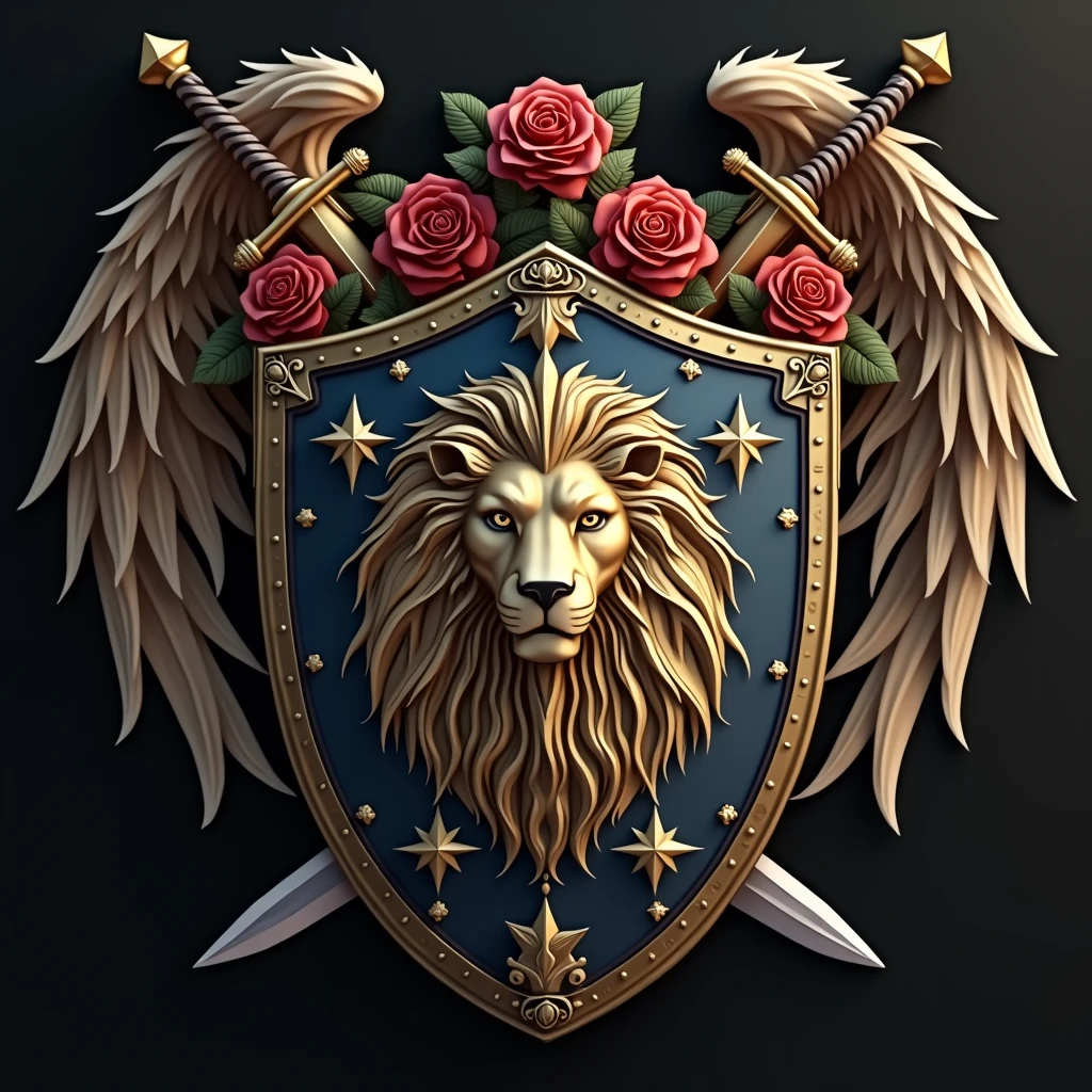 Golden shield with a lion's head, also put 4 stars and highlight them, placing under the wolf's head. Also place swords and roses around the frame