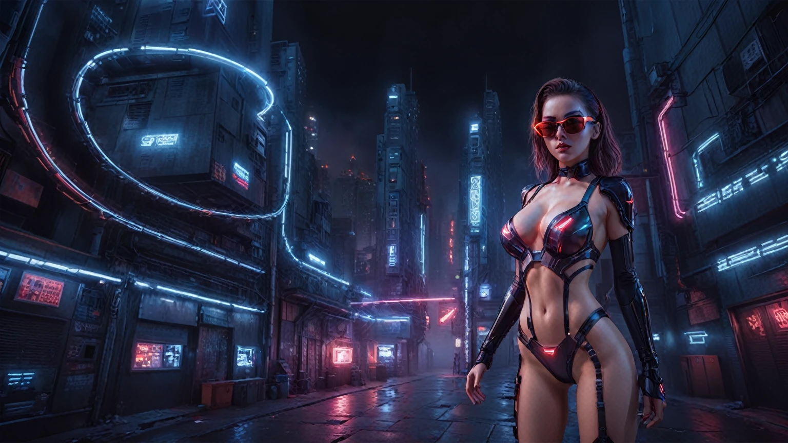 (Aerial view). There's a cyborg woman (8k) wearing a futuristic leotard (best quality) standing in a cyberpunk city alley at night, darksynth aesthetic, red neons, haze, 1drone, foggy night, ultra detailed, photorealistic, (1girl, solo, alone), large-breast:1.2 slim body, cleavage:1.1, (black sunglasses), (holding a pistol), half-body thigh level medium shot, cinematic lighting, ray tracing.