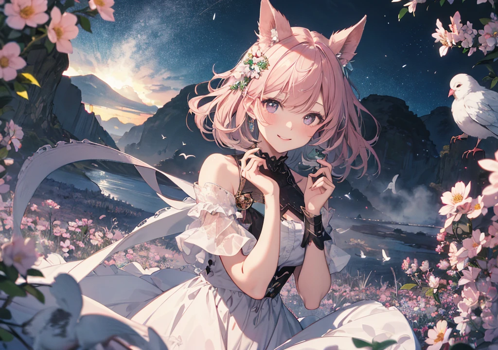Realistic photos, Focus distance 10mm, Red and white, Beautiful girl, Realistic photos, Shooting at focus distance 10mm, masterpiece, 最high quality, high quality, Very detailed CG 8k wallpaper unit, Award-winning photography, Depth of written boundary, High resolution, bloom, chromatic aberration, Realistic, Very detailed, Art Station Trends, CGsociety Trends, Complex, High detail, dramatic, Art on the go, volumetric lighting, A beautiful girl in a pale pink dress stands in a meadow full of spring flowers in the Celtic hills, smiling. Behind her are misty mountains and a blue sky with birds flying high in the air