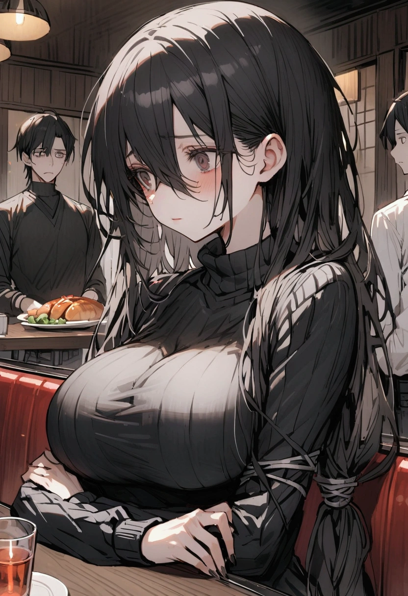 Japanese　２９age　lonely　sad　Big Breasts　Black sweater　Black Jeans　Black Hair　Semi-long hair　family restaurant　Emaciated woman　Watery eye　Hair tied up in a messy fashion