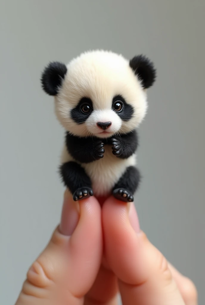 photorrealistic, 8k, Micro Tiny baby [panda bear] perched on a human finger