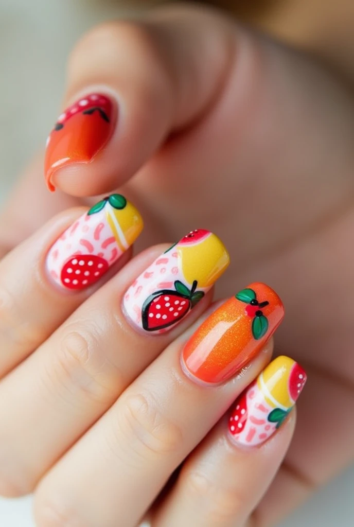  
Make me nails that have 3D accents, mix-and-match patterns with fruit nail art